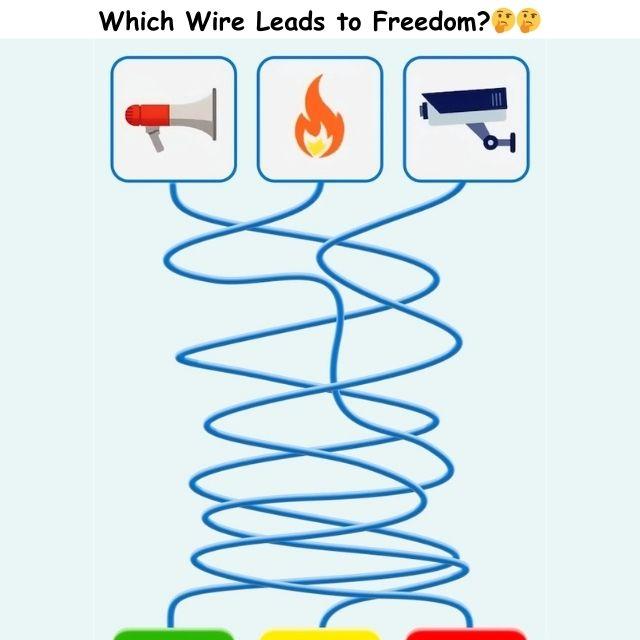 Three tangled wires leading to three different security options—an alarm, a fire, and a security camera. Can you figure out which wire cuts the alarm?